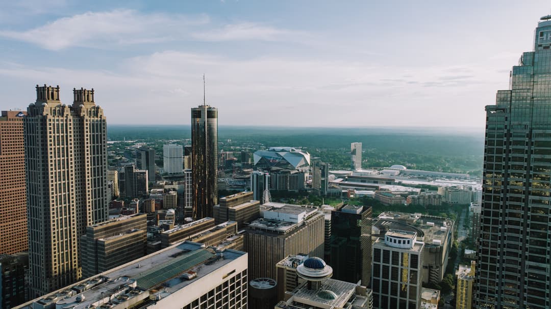 Downtown Atlanta, with Mercedes-Benz Stadium on the horizon.