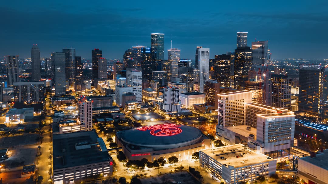 The Houston skyline beyond Buffalo Bayou.