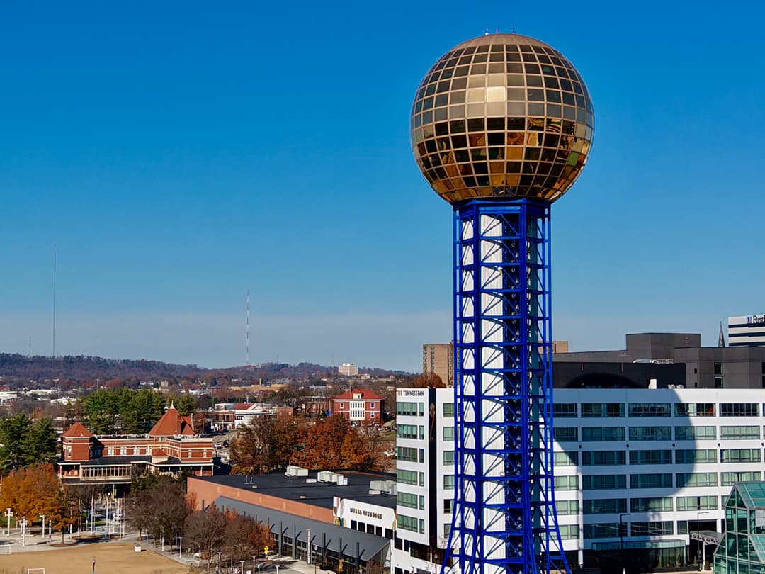 Knoxville, Tennessee: the Sunsphere over World’s Fair Park, gateway to the Smokies and the Urban Wilderness.
