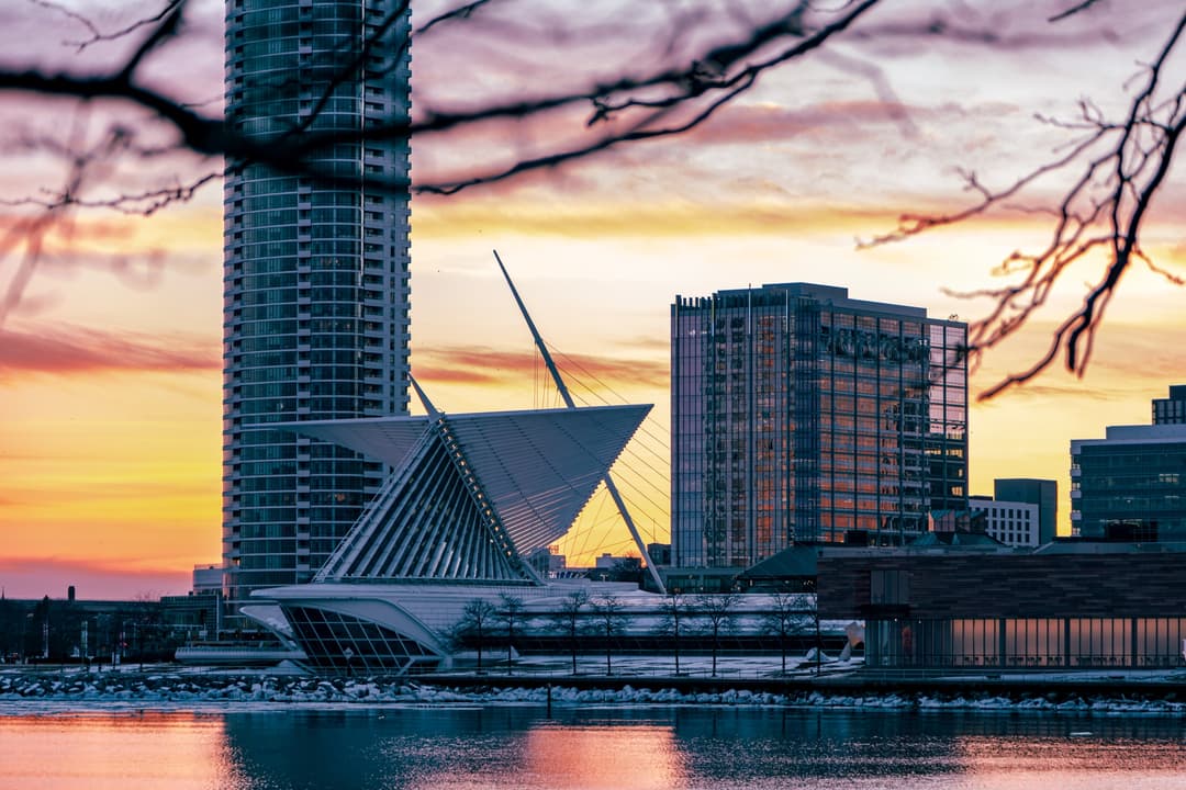 Milwaukee, Wisconsin: the Milwaukee Art Museum's Calatrava wings on the Lake Michigan shore.