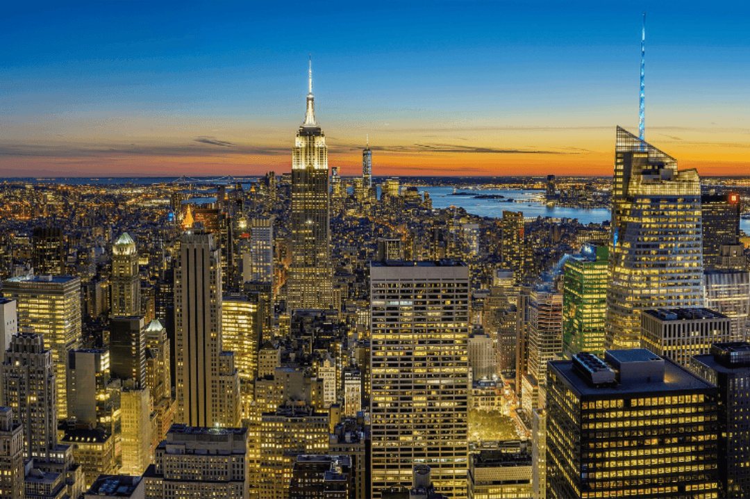 The Manhattan skyline at dusk.
