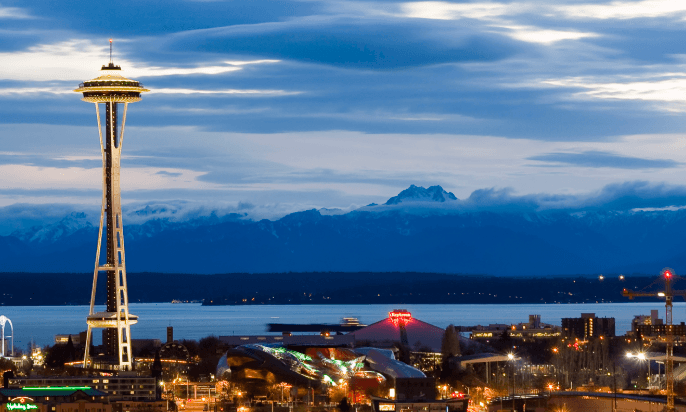 The Seattle skyline with the Space Needle and Mount Rainier.