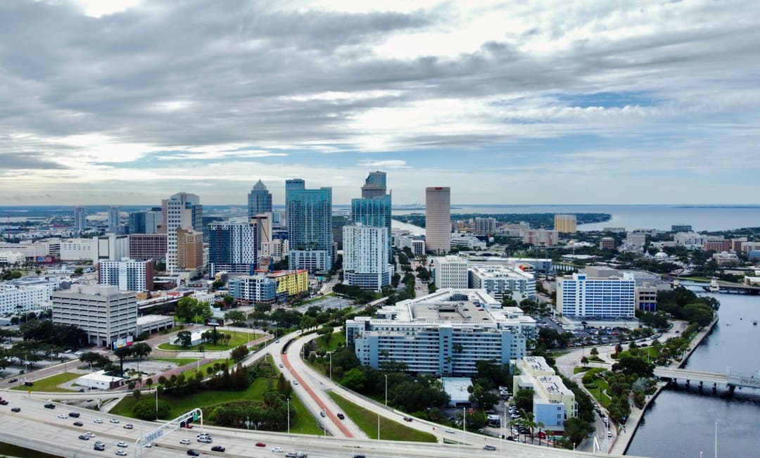 The Tampa skyline along the Hillsborough River and Bayshore Boulevard.