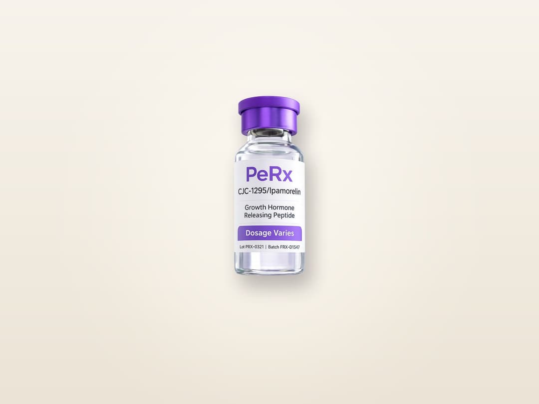 PeRx ships CJC-1295/Ipamorelin as a single ready-to-use vial. The CJC-1295 is the no-DAC version, chosen to keep growth-hormone release pulsatile rather than flat.