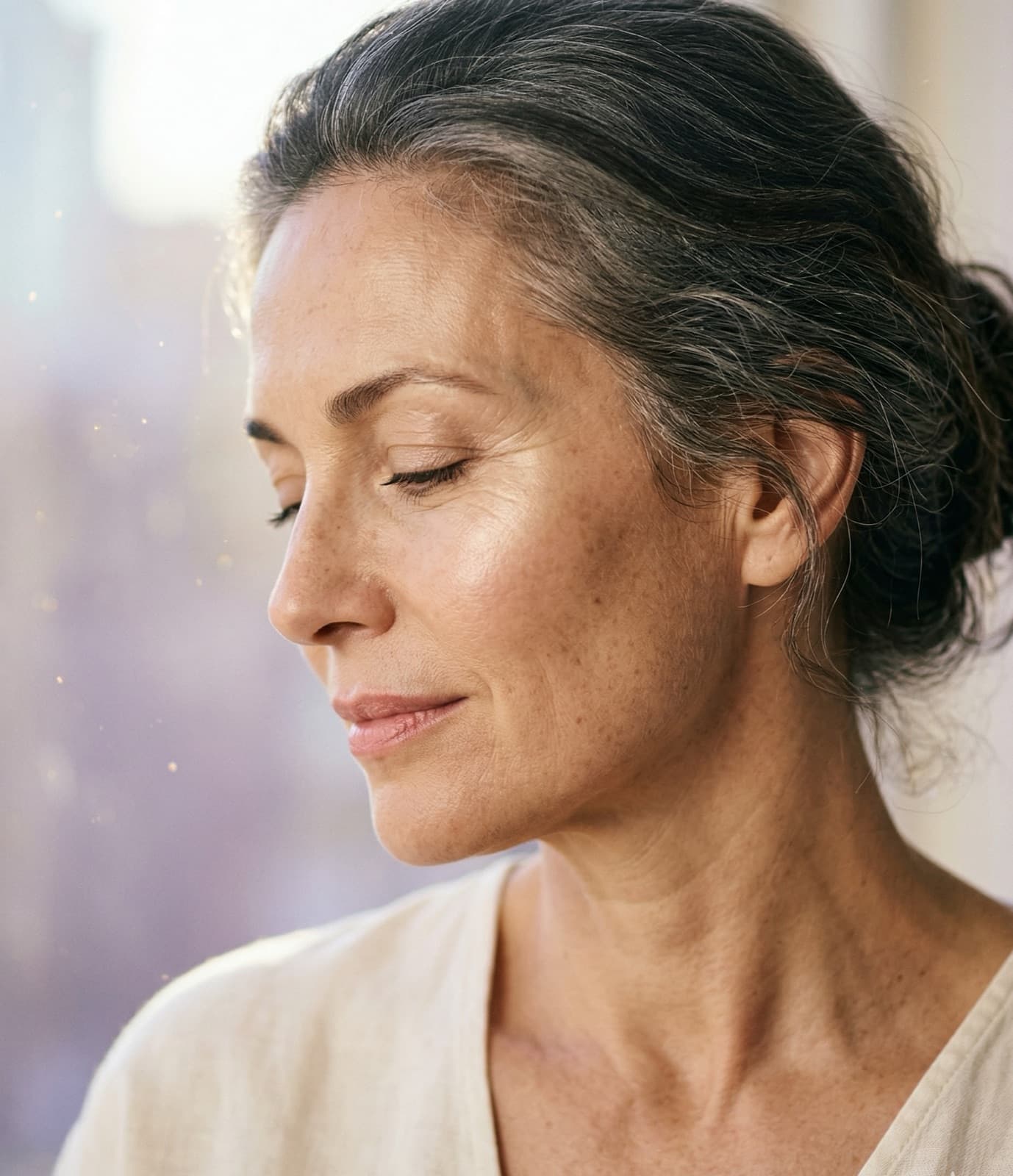 Woman in her fifties with healthy skin, anti-aging peptides at PeRx
