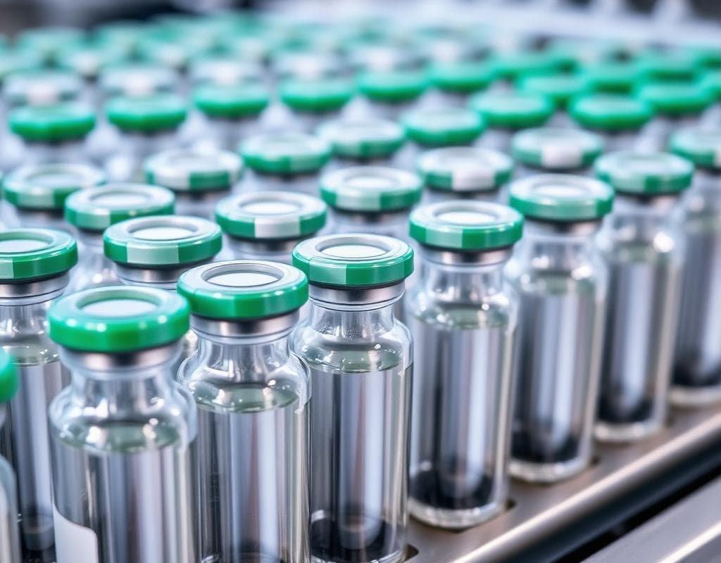 Rows of sealed peptide vials on a sterile filling line