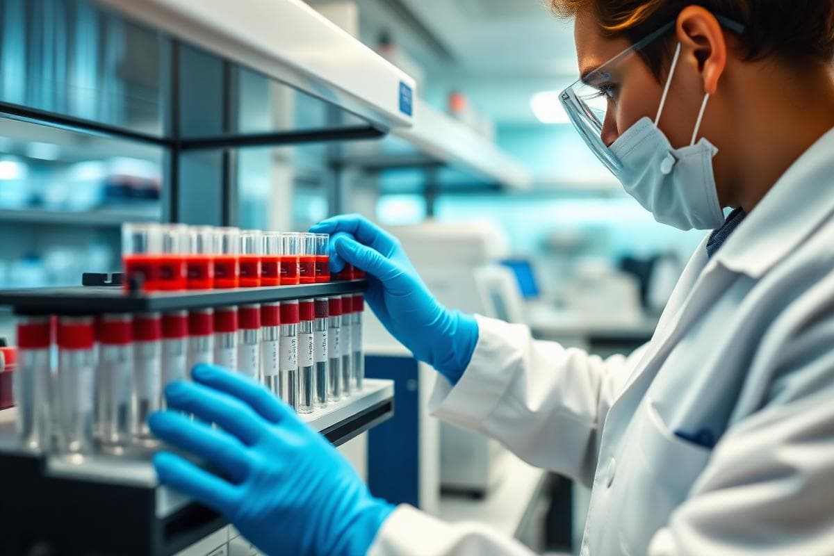 Pharmaceutical lab technician inspecting sample vials