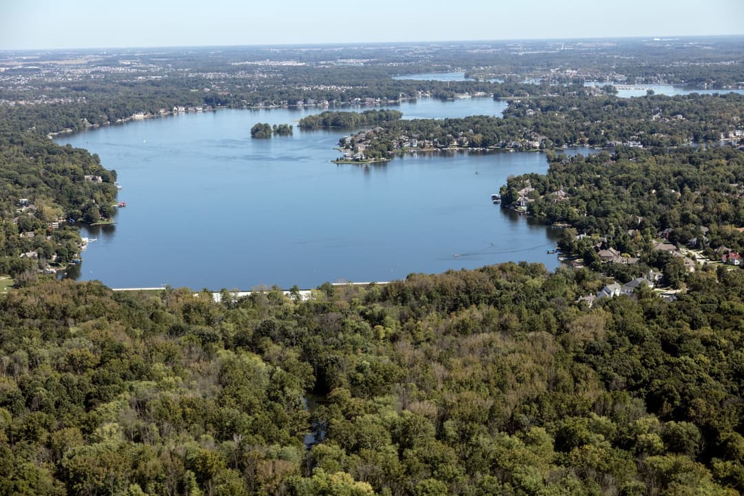 Geist Reservoir and the lakefront neighborhoods of Fishers, Indiana, from the air.