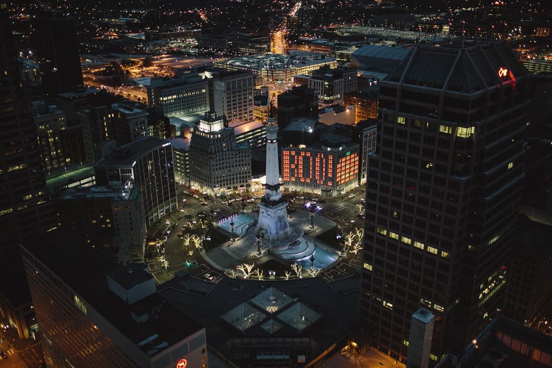 Indianapolis, Indiana: Monument Circle and the downtown skyline at night.