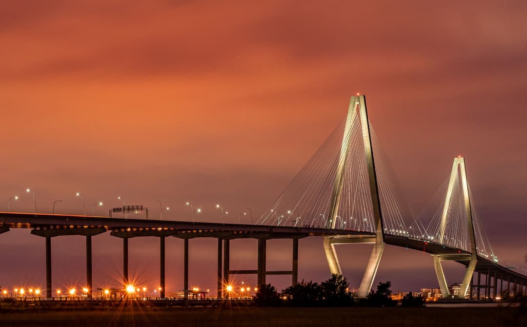 The Arthur Ravenel Jr. Bridge over the Cooper River at dusk.