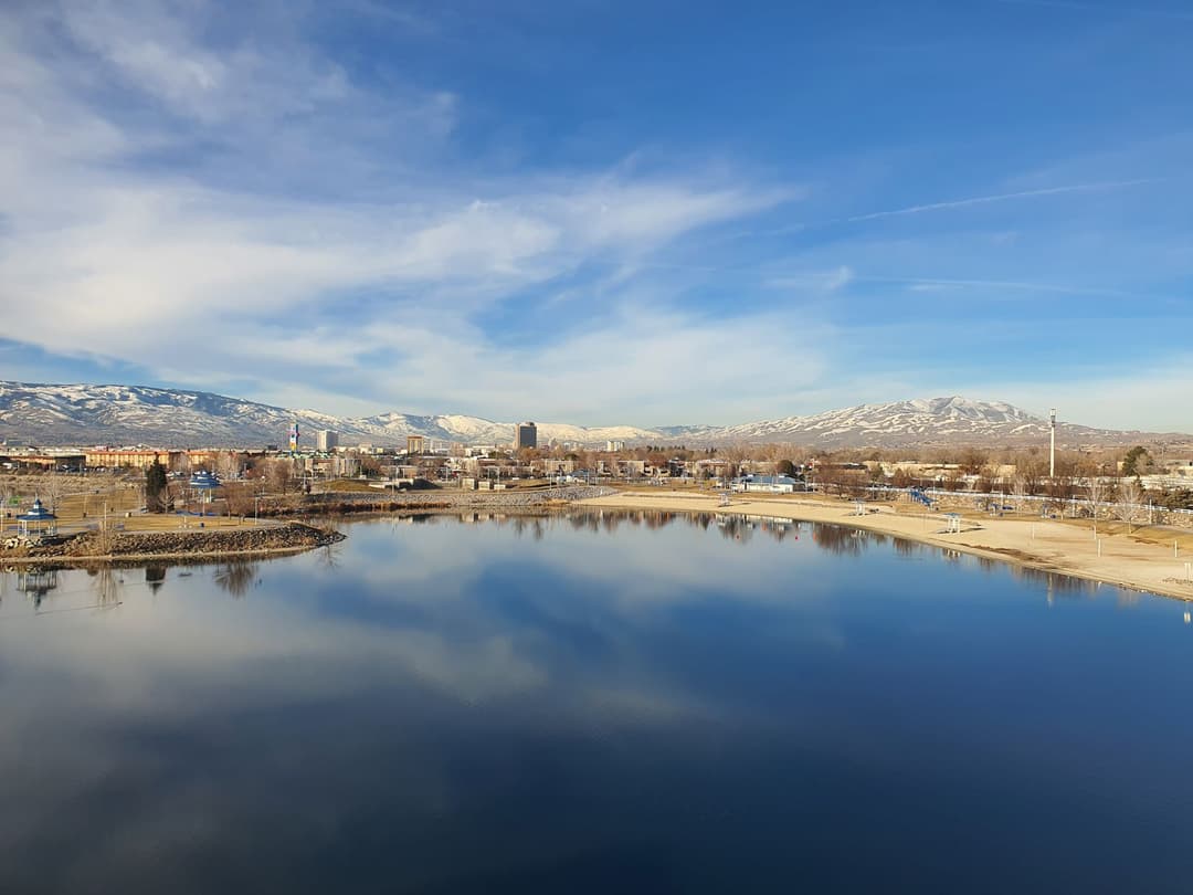 Reno, Nevada: the downtown skyline below the snow-capped Sierra Nevada.
