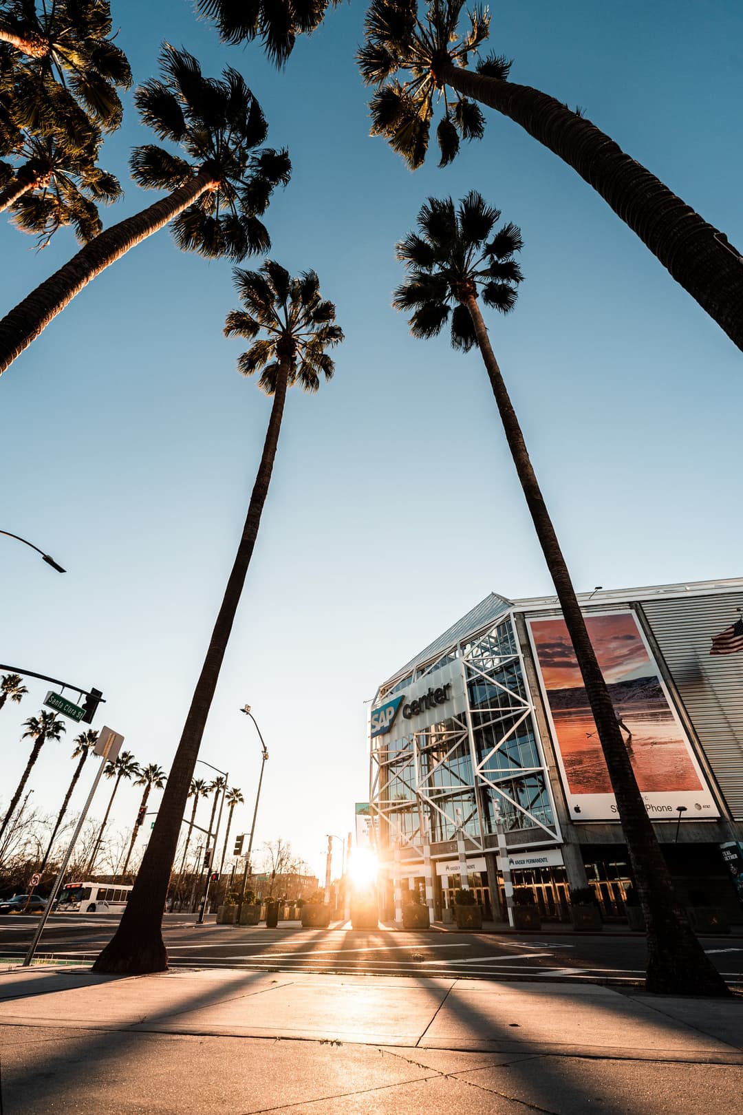 San Jose, California: palm-lined Santa Clara Street at the SAP Center, the heart of the South Bay.