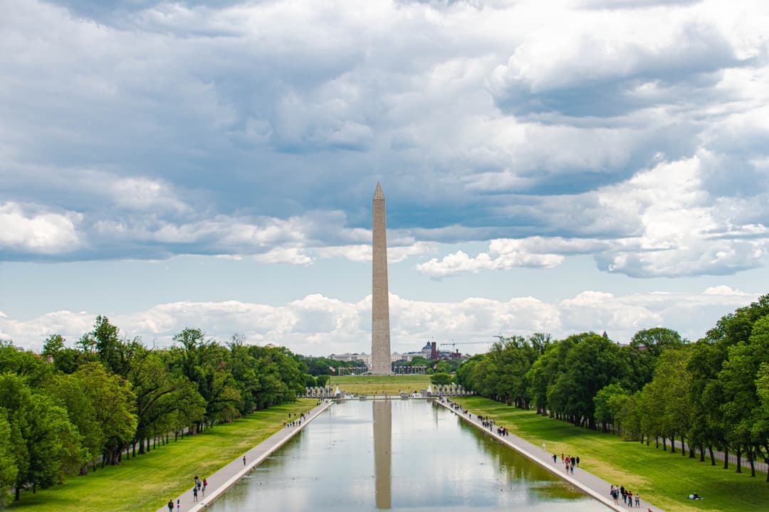 The Washington Monument reflected in the pool on the National Mall.