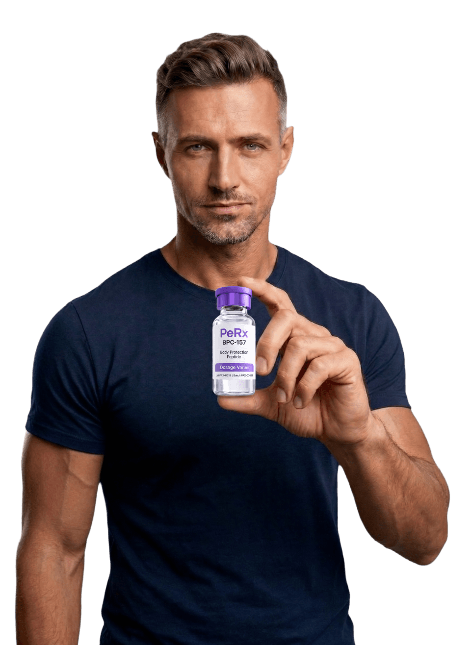 Person holding PeRx peptide vial ready for injection