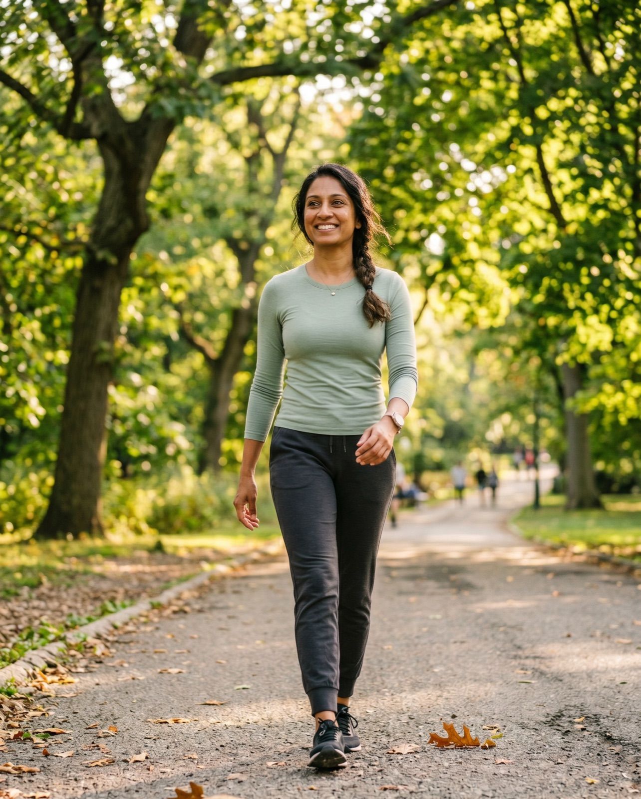 A person walking on a tree-lined path