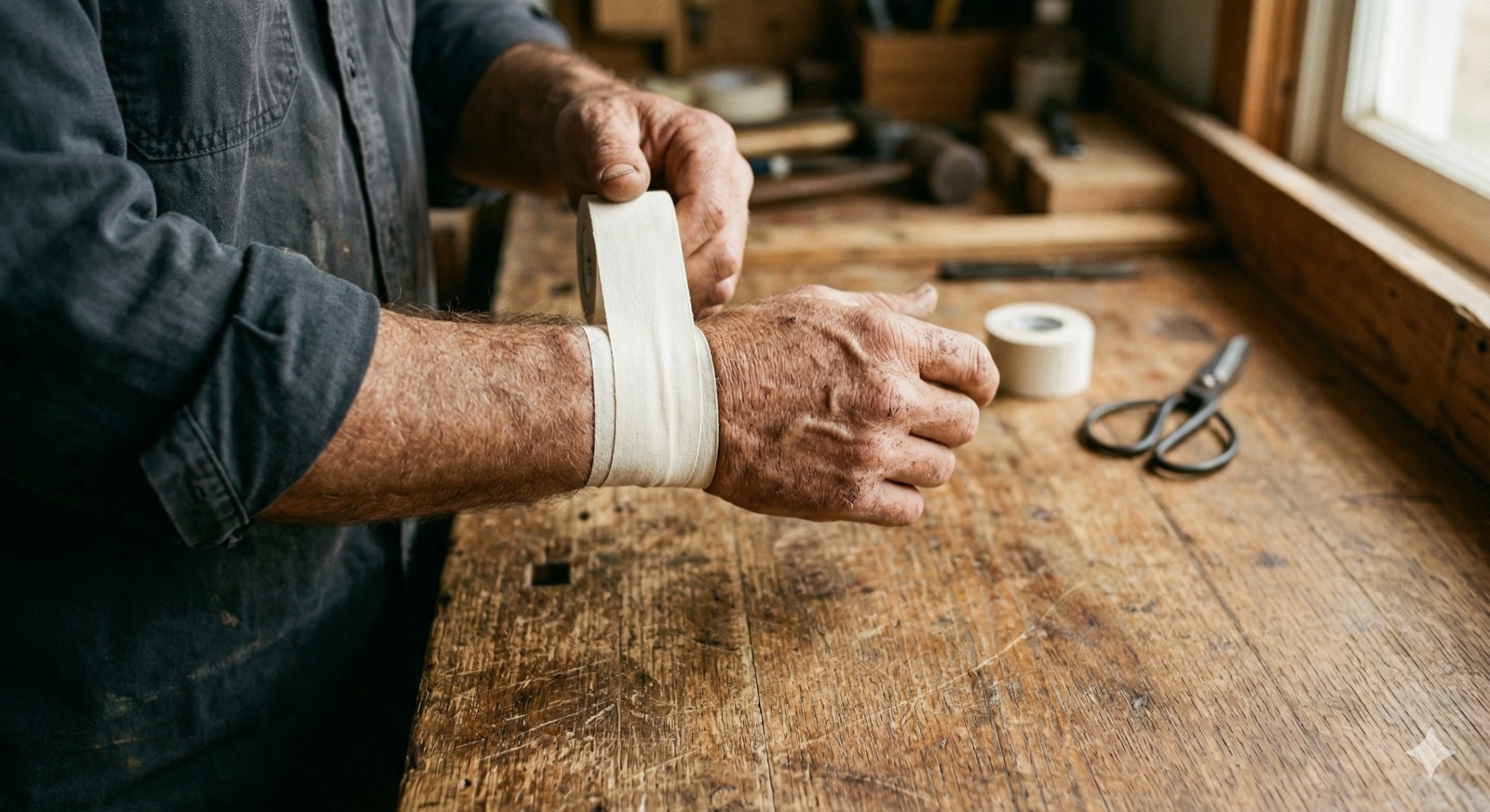 An athlete taping a joint before training